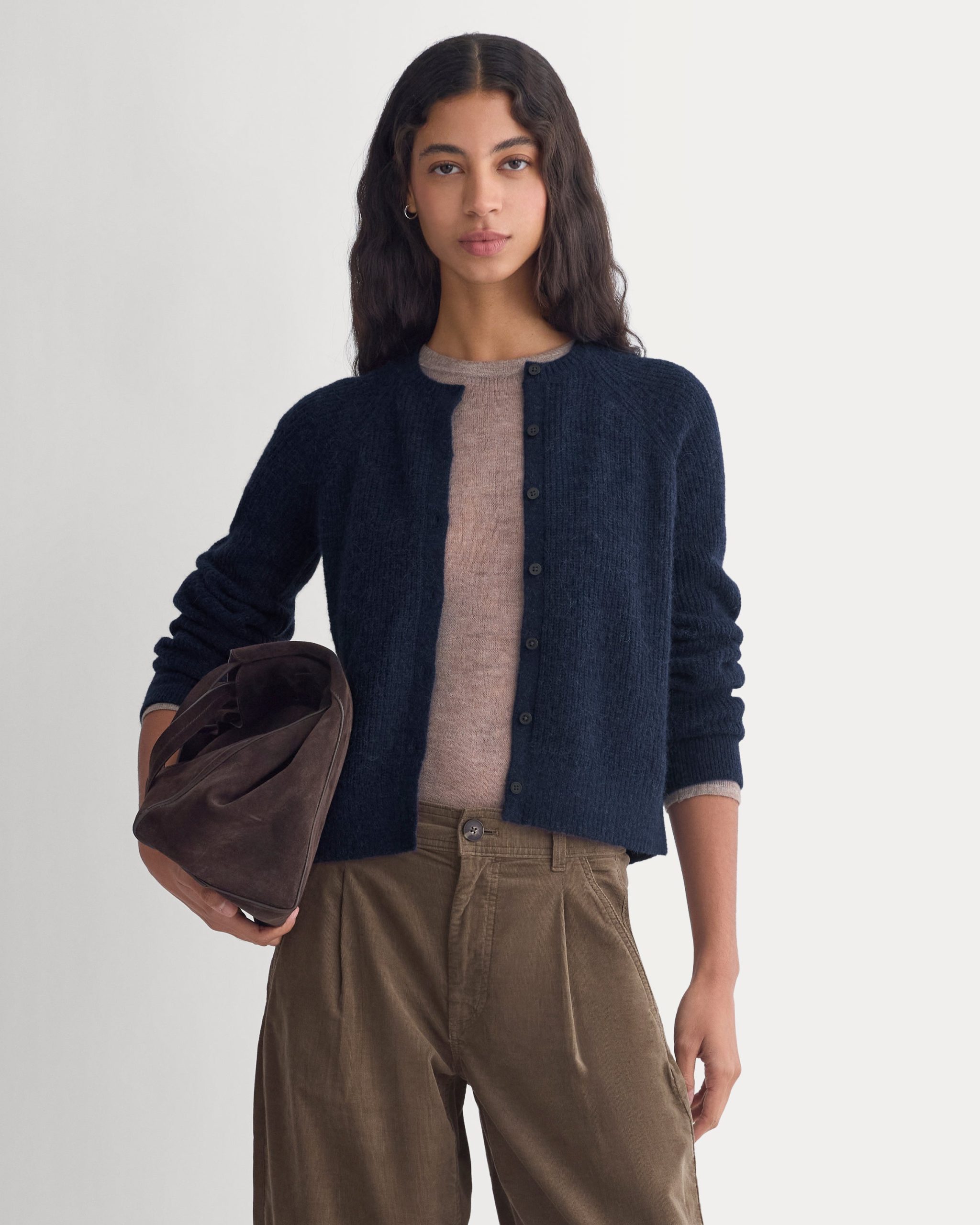 Ribbed Cropped Cardigan in Alpaca | Navy